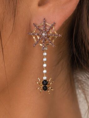 Gold-Tone Spiderweb Drop Earrings with Black Spider Accent